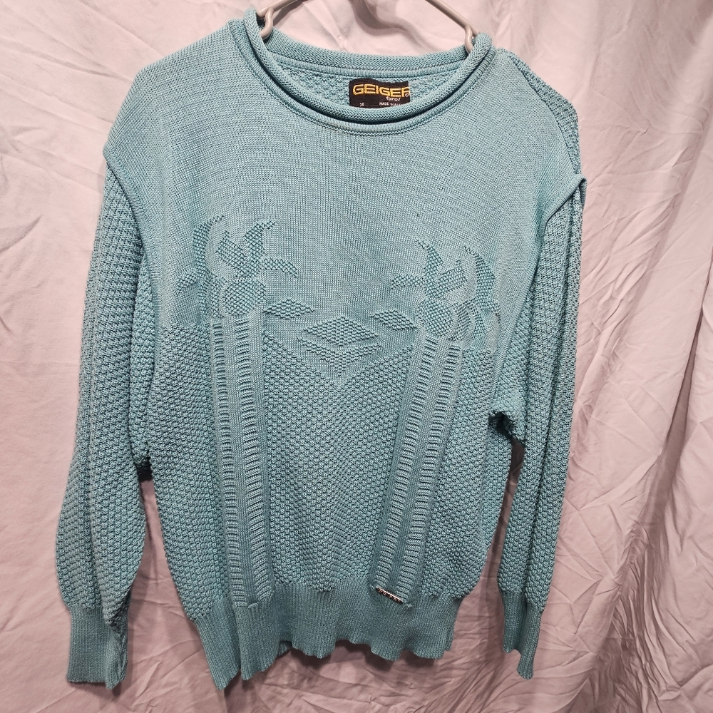 Vintage Geiger Green/Blue Cotton Sweater Size 38 Medium Nautical Face Print Knit